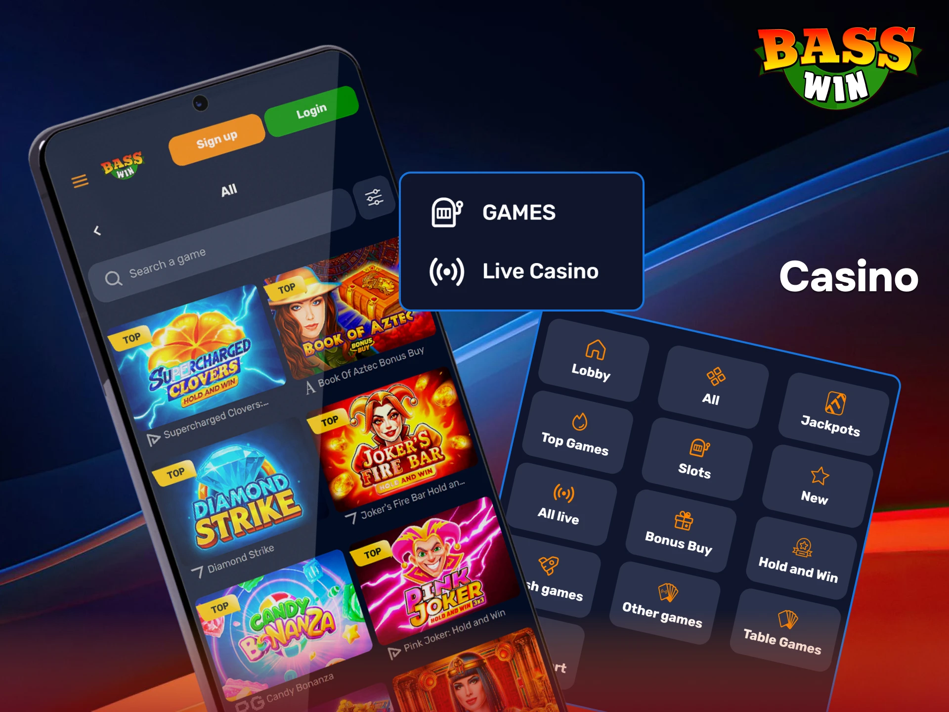 Play thousands of high-quality slots and live dealer games directly in the BassWin casino app.