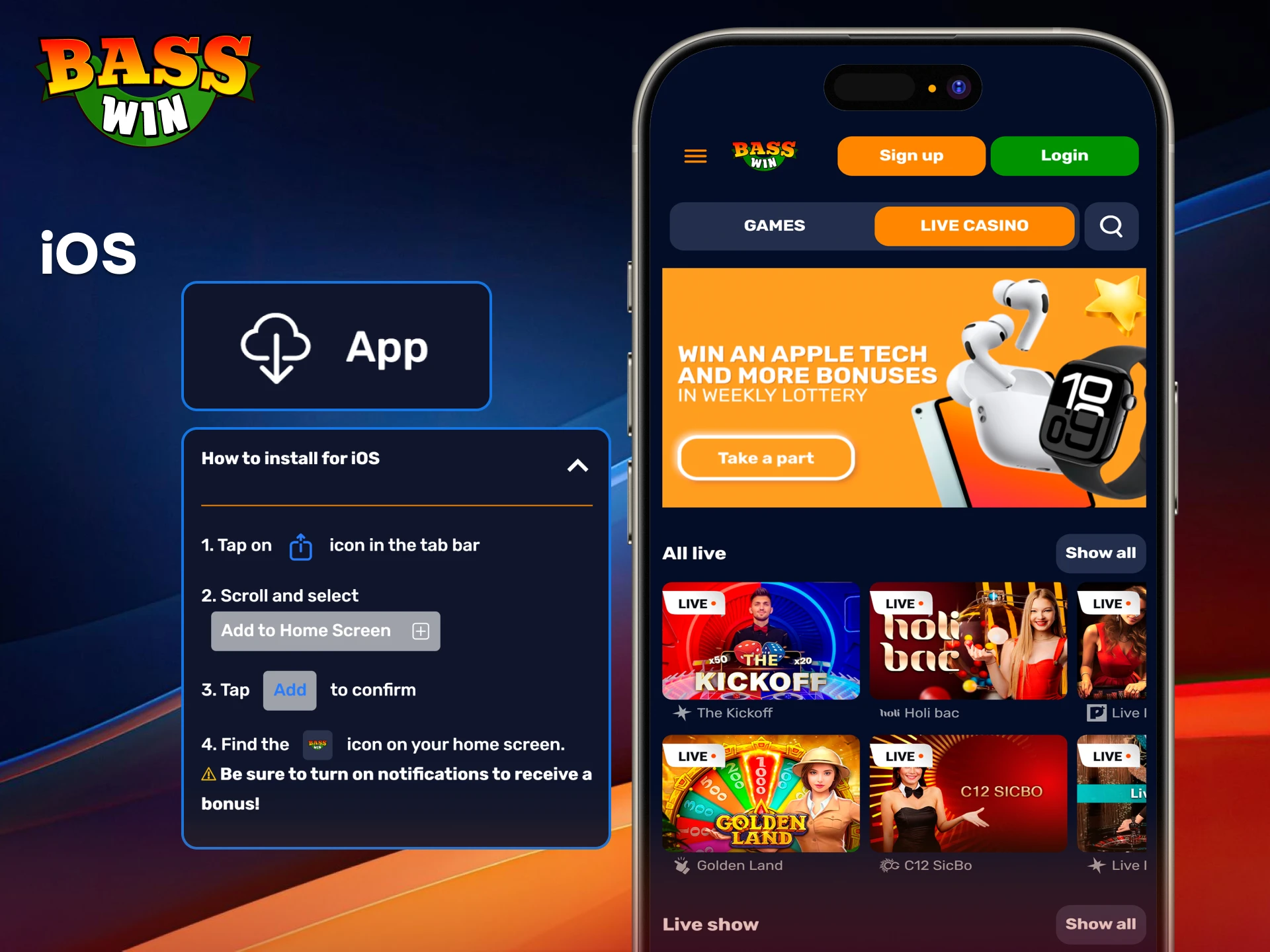 Download the BassWin app for iOS to enjoy sports betting and casino games anywhere.