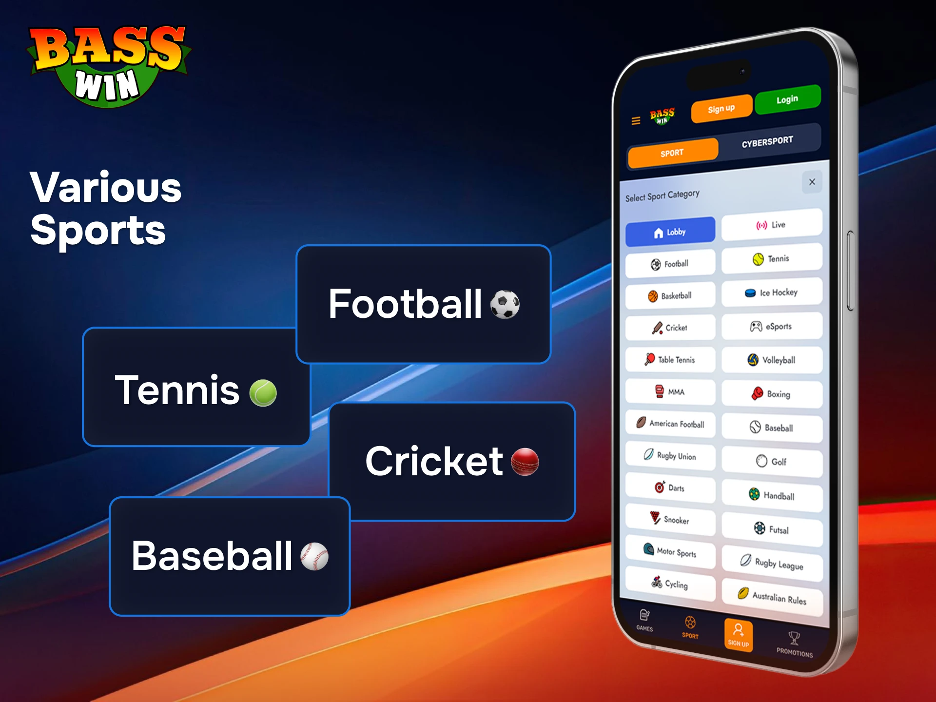 Explore a huge range of sports markets and place your bets within the BassWin app.