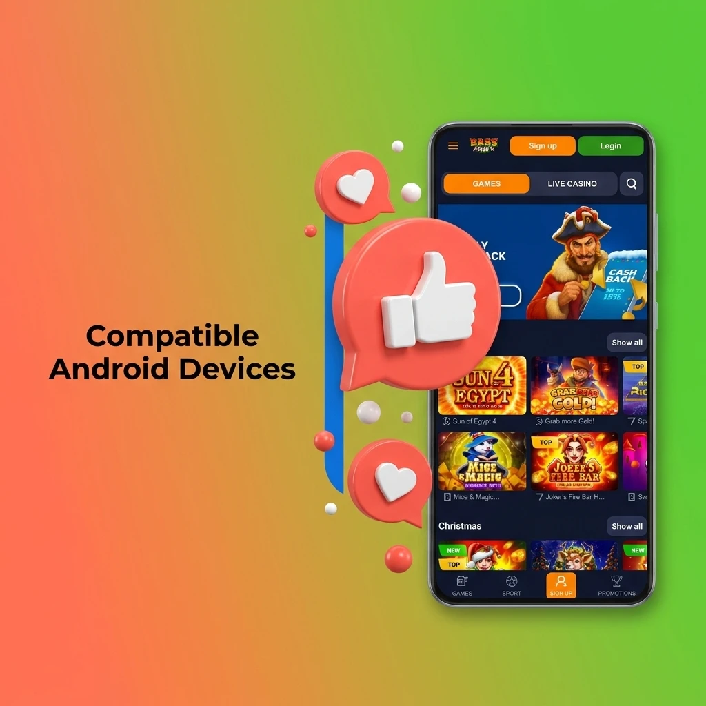 A chart showing various Android devices compatible with the Basswin Casino application