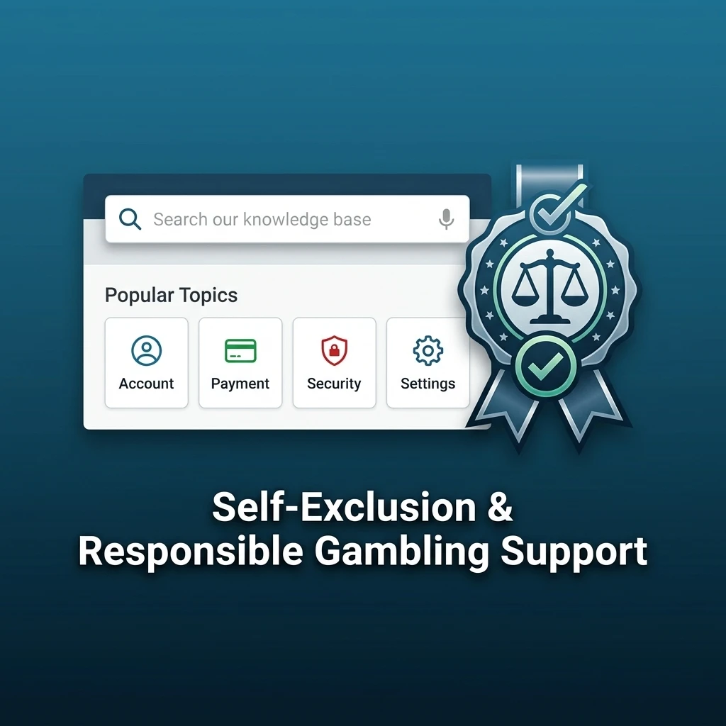 Responsible gambling support showing self-exclusion request via live chat or email, plus loss limits and cool-off options
