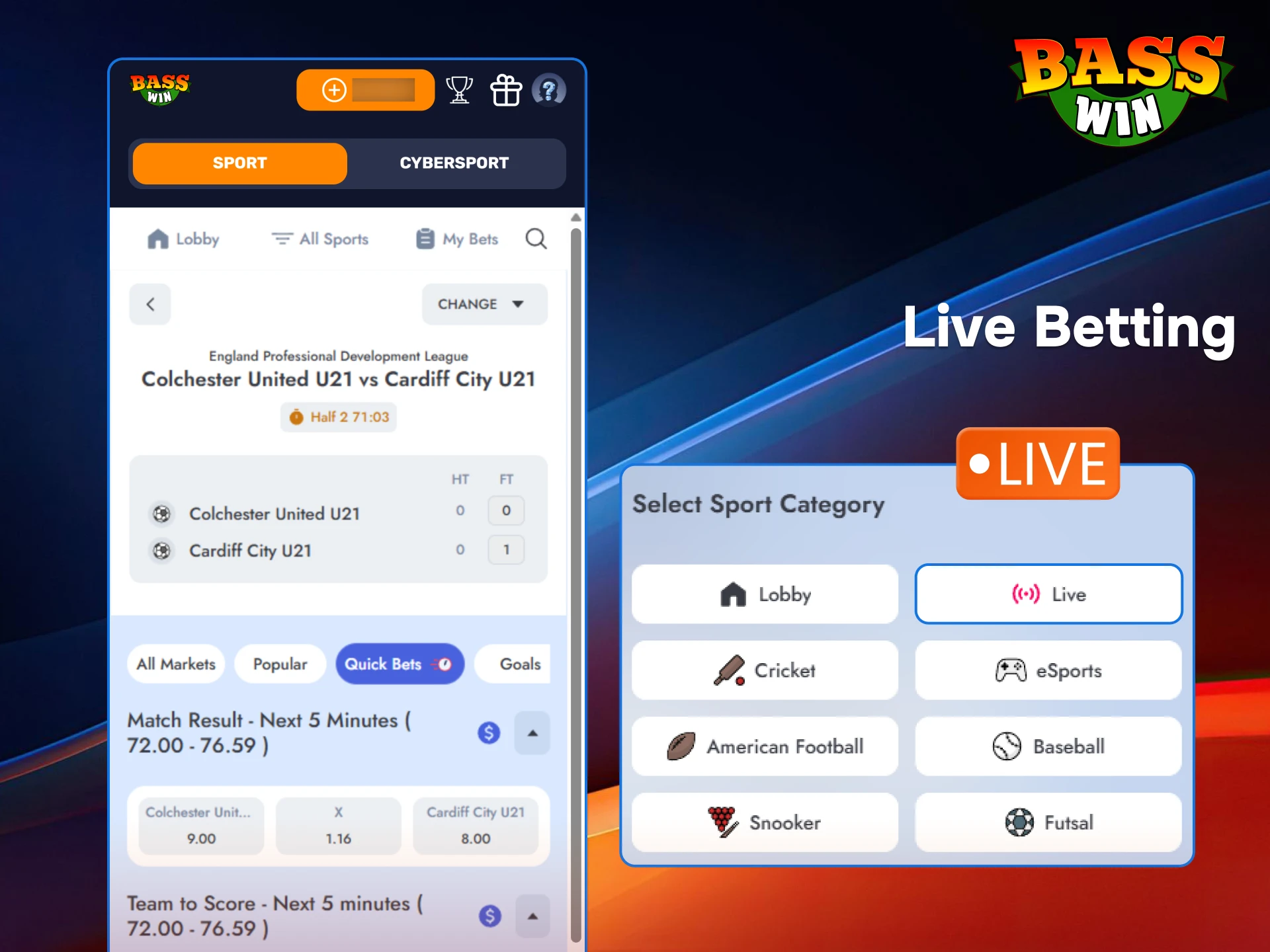 Join the live action at BassWin and place in-play bets as matches happen.
