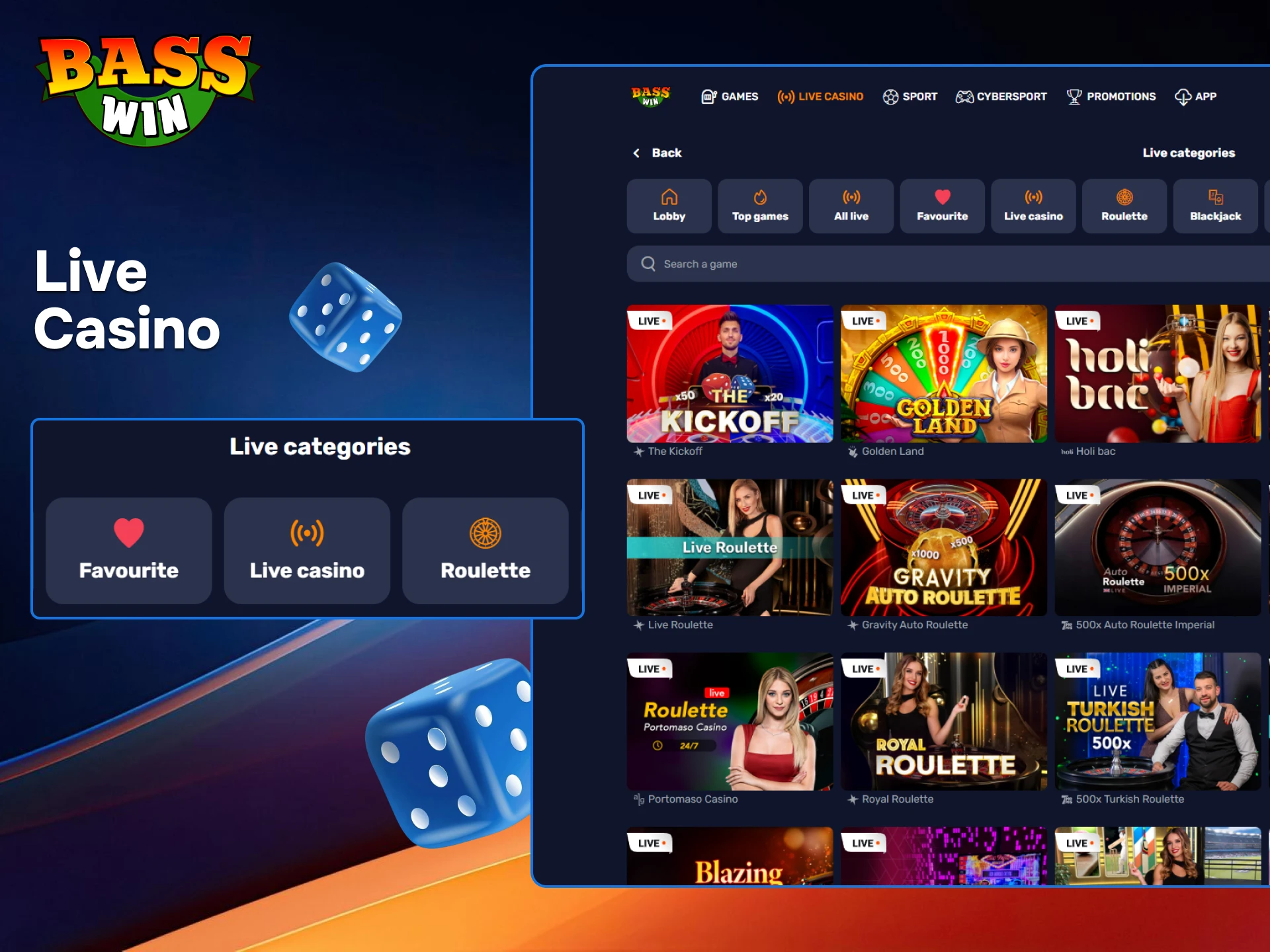 Enter the BassWin live casino lobby to play with professional dealers and win cash.